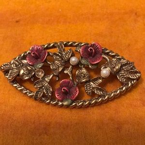 Vintage Brooch Pin Gold Tone. Red Flowers Pearls